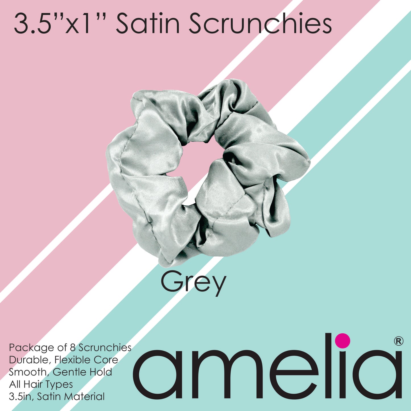 Amelia Beauty Products, Gray Satin Scrunchies, 3.5in Diameter, Gentle on Hair, Strong Hold, No Snag, No Dents or Creases. 8 Pack