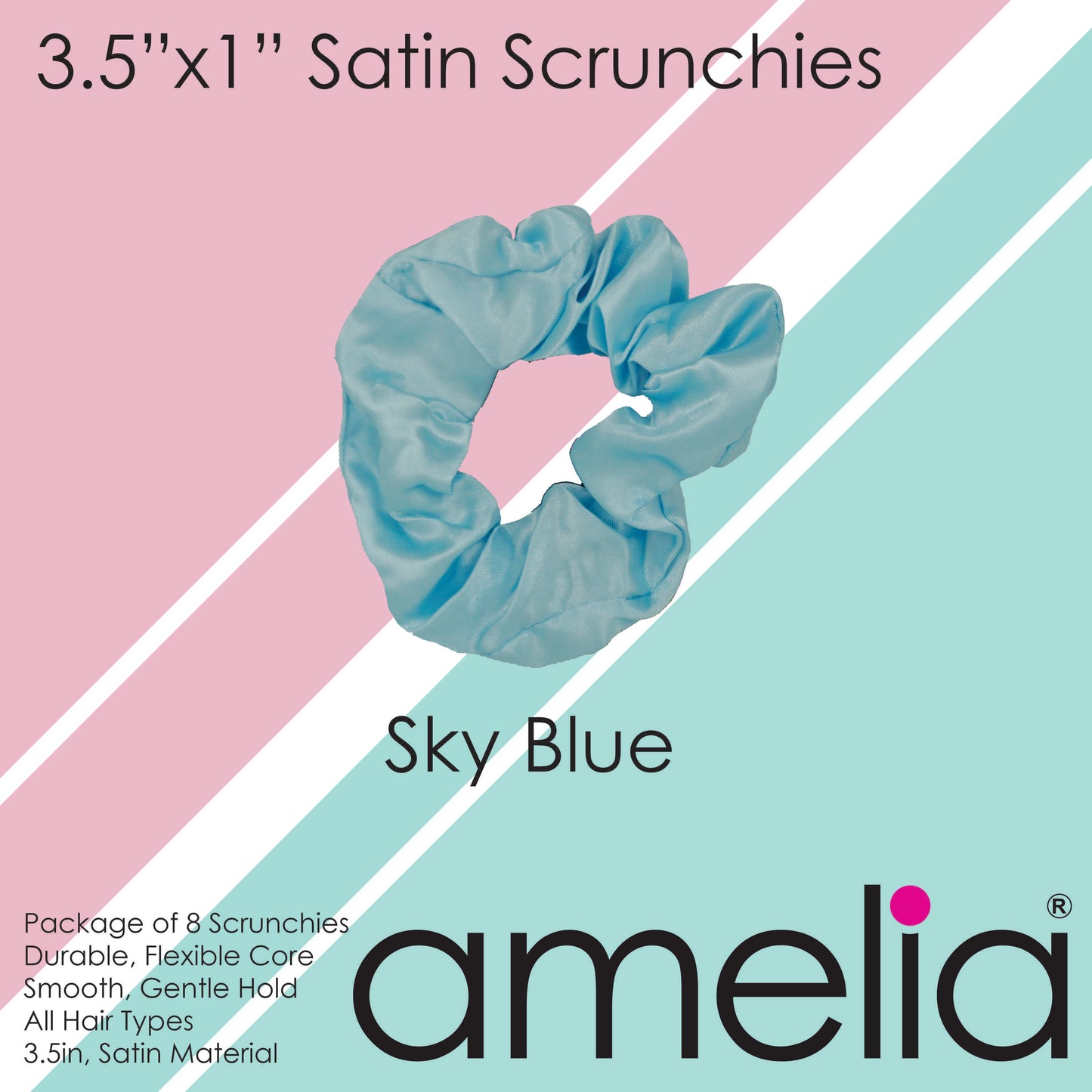 Amelia Beauty Products, Sky Satin Scrunchies, 3.5in Diameter, Gentle on Hair, Strong Hold, No Snag, No Dents or Creases. 8 Pack