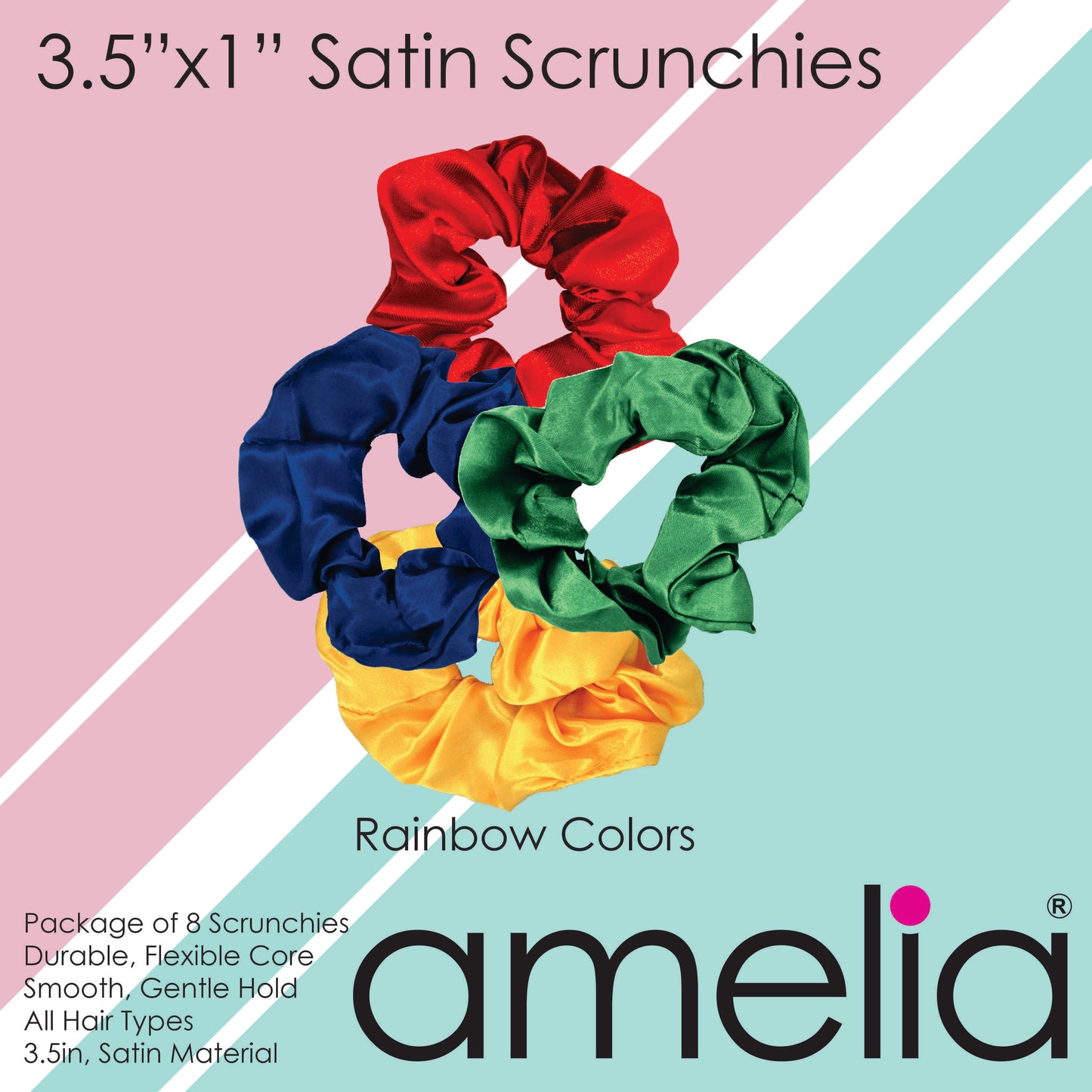 Amelia Beauty Products, Rainbow Colors Satin Scrunchies, 3.5in Diameter, Gentle on Hair, Strong Hold, No Snag, No Dents or Creases. 8 Pack