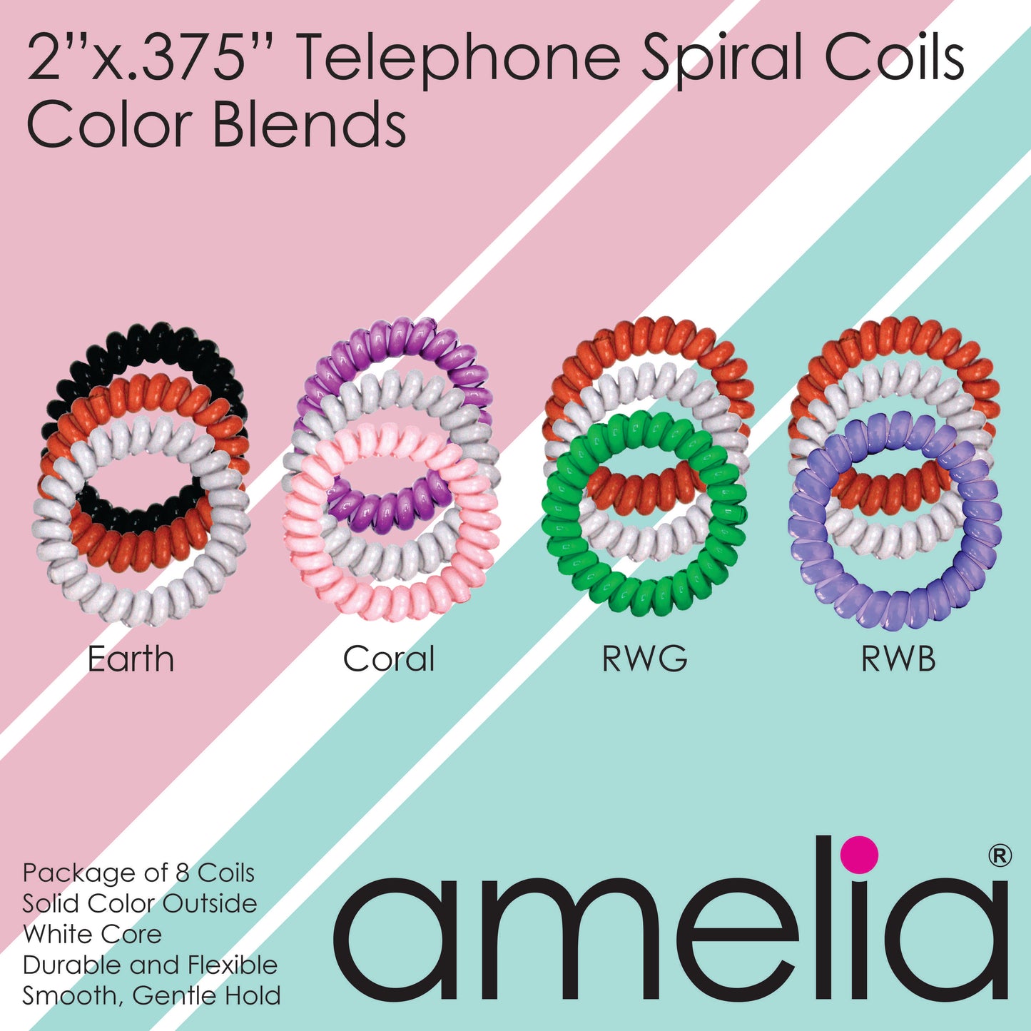 Amelia Beauty Products 8 Medium Elastic Hair Coils, 2.0in Diameter Thick Spiral Hair Ties, Gentle on Hair, Strong Hold and Minimizes Dents and Creases, Coral Blend