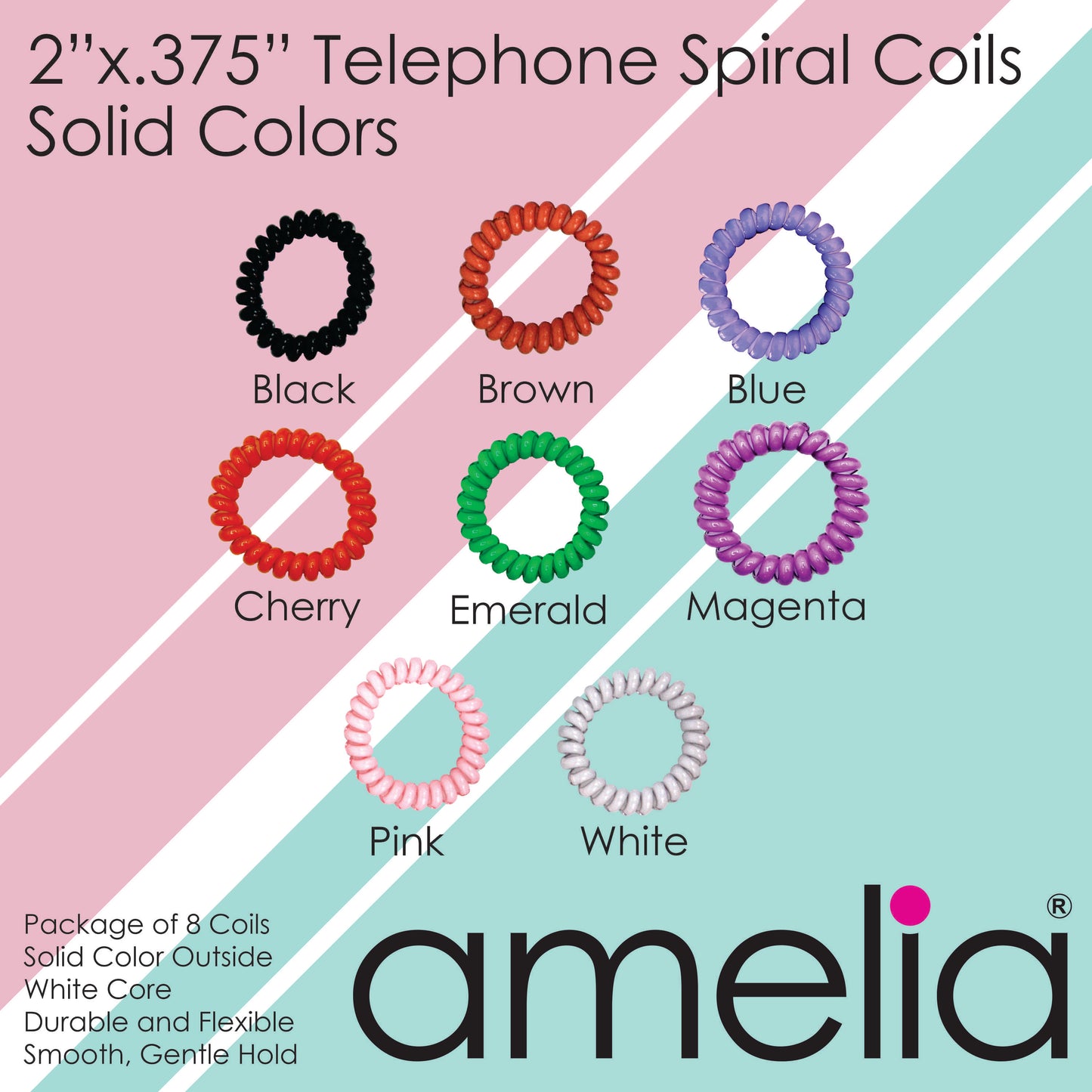 Amelia Beauty Products 8 Medium Elastic Hair Coils, 2.0in Diameter Thick Spiral Hair Ties, Gentle on Hair, Strong Hold and Minimizes Dents and Creases, Brown