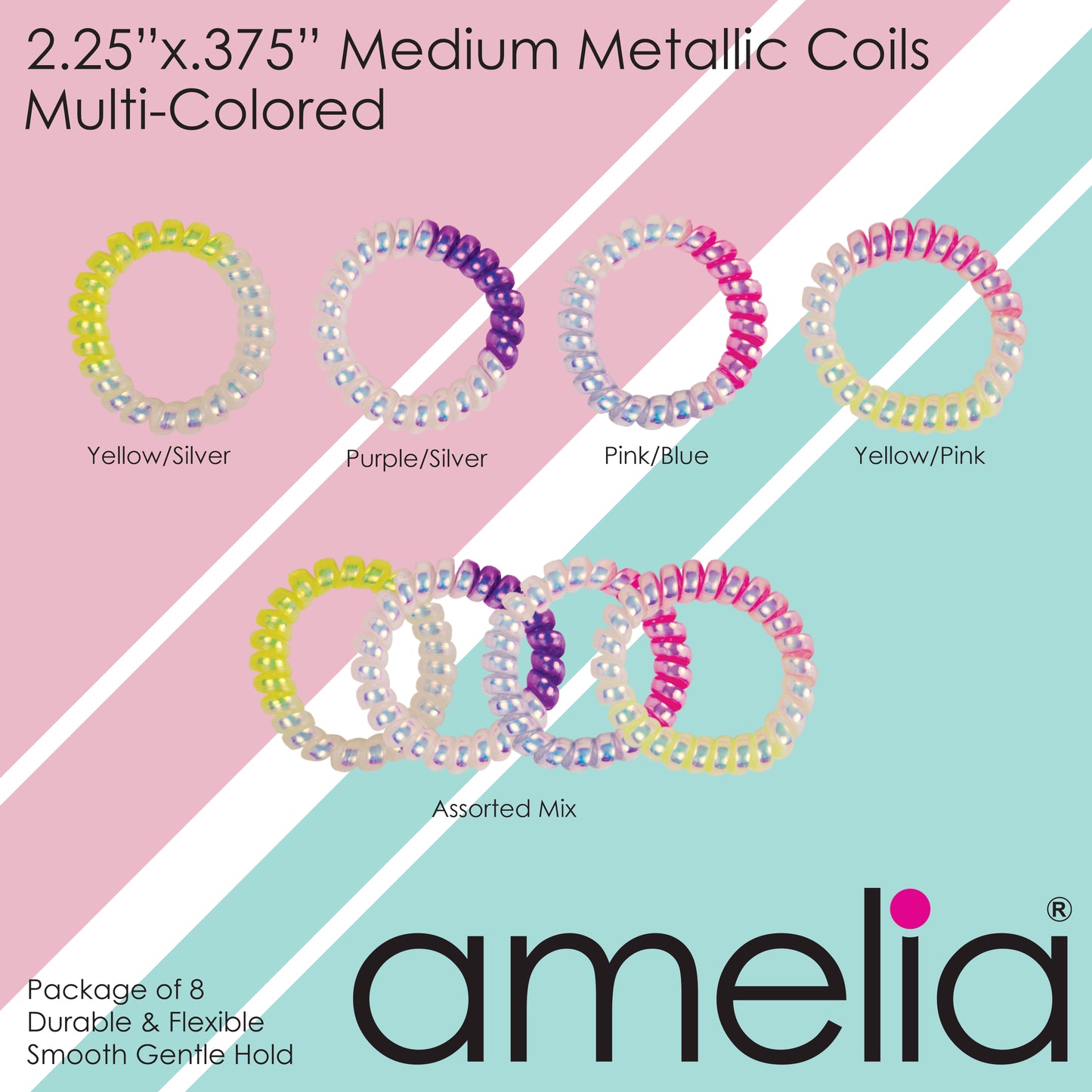 Amelia Beauty Products 8 Medium Smooth Elastic Mutli-Colored Hair Coils, 2.25in Diameter Spiral Hair Ties, Gentle Yet Strong Hold and Minimizes Dents, Yellow/Silver