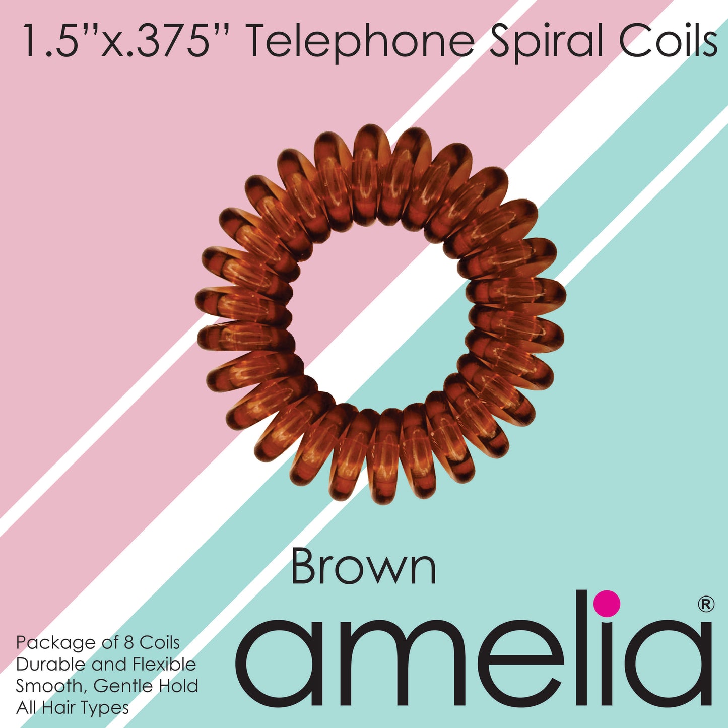 Amelia Beauty Products 8 Small Elastic Hair Coils, 1.5in Diameter Thick Spiral Hair Ties, Gentle on Hair, Strong Hold and Minimizes Dents and Creases, Brown