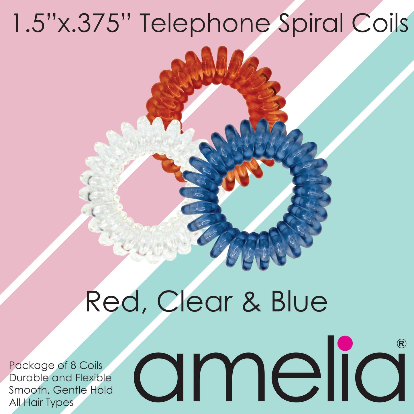Amelia Beauty Products 8 Small Elastic Hair Coils, 1.5in Diameter Thick Spiral Hair Ties, Gentle on Hair, Strong Hold and Minimizes Dents and Creases, Red, Clear and Blue