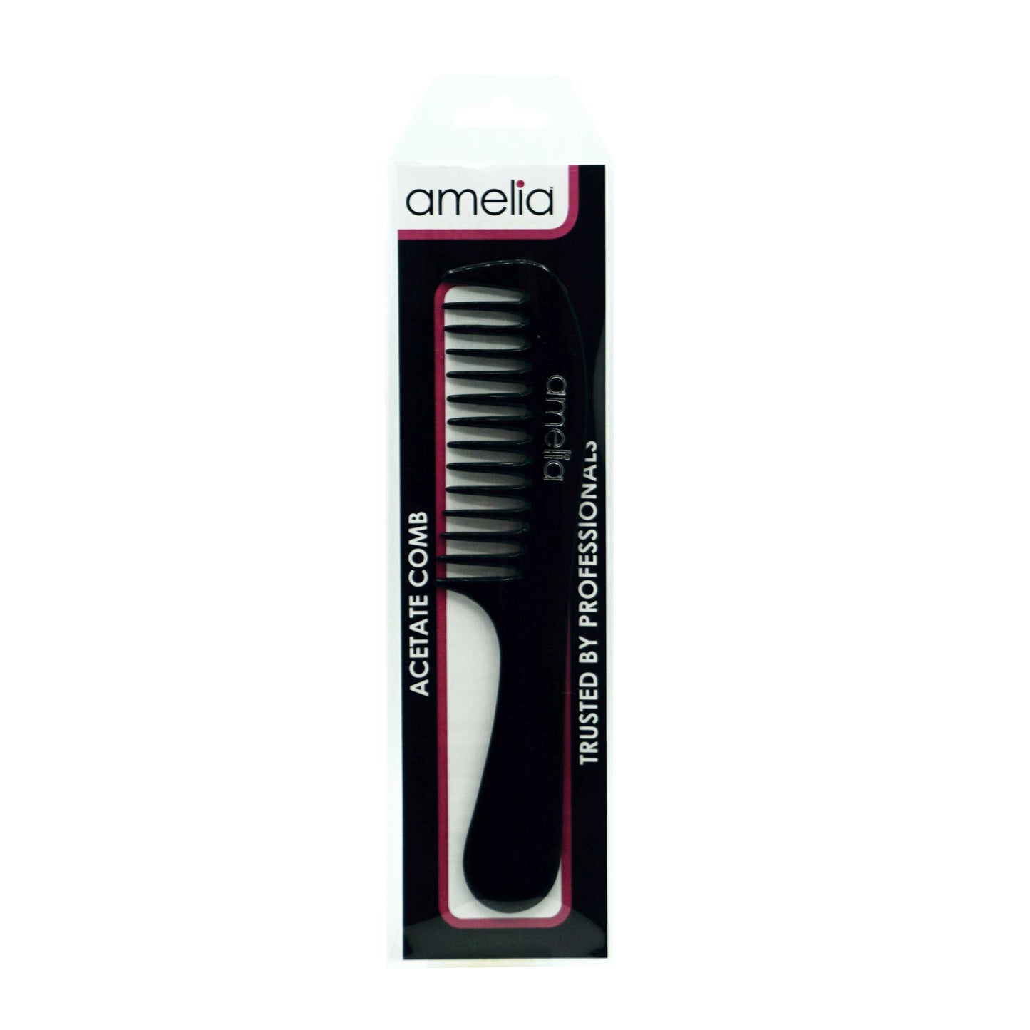 Amelia Beauty Cellulose Acetate 8in Handle Comb, Handmade, Smooth Edges, Eco-Friendly Plant Based Material, Course Tooth - Black Color