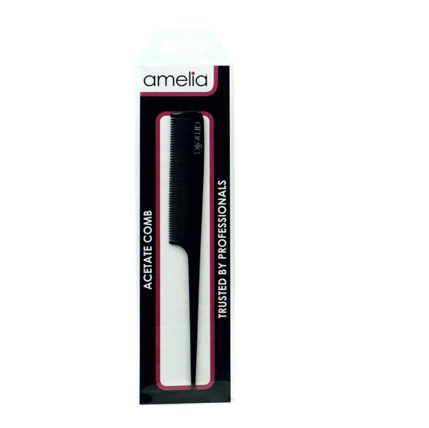 Amelia Beauty Cellulose Acetate 8in Handle Comb, Handmade, Smooth Edges, Eco-Friendly Plant Based Material, Course Tooth - Black Color