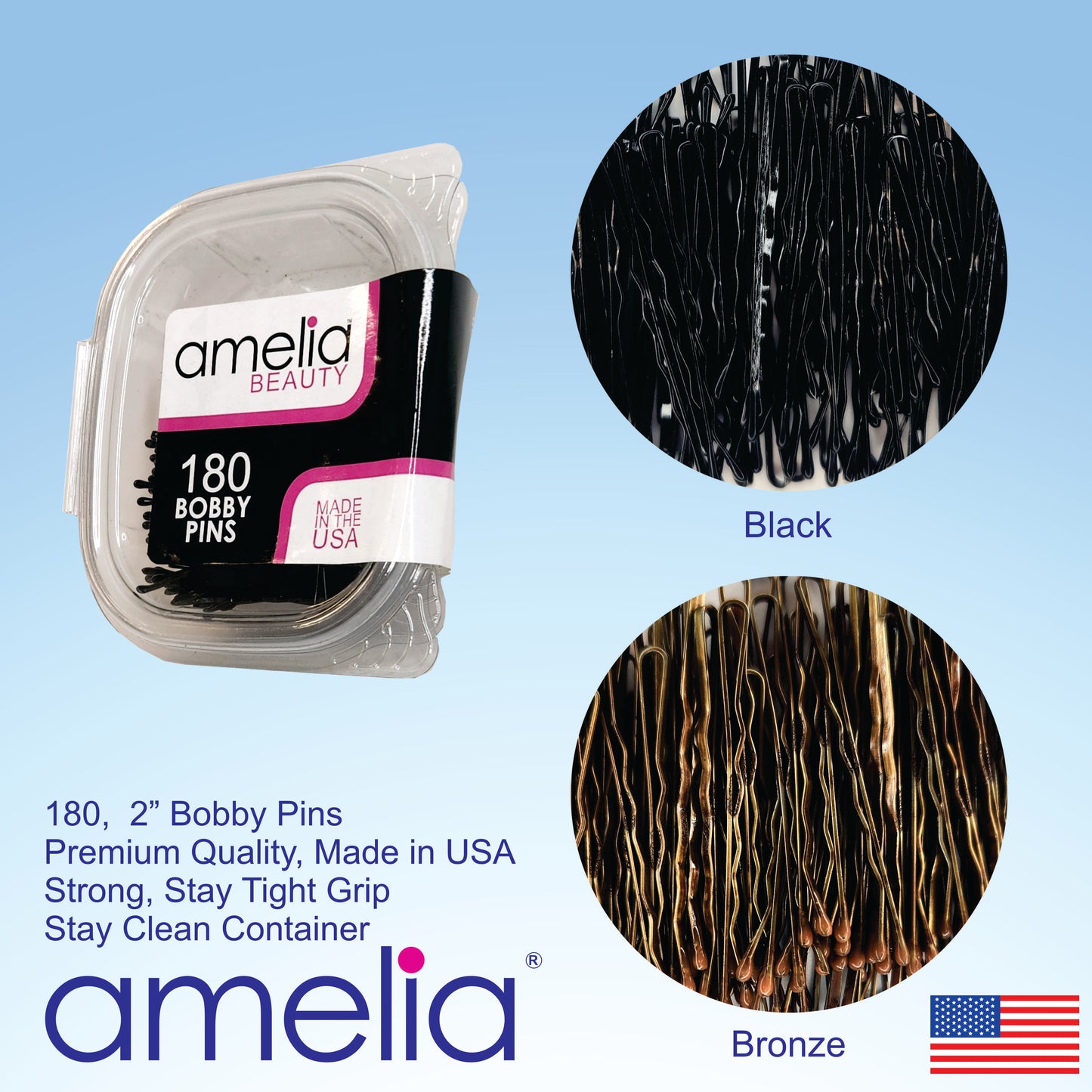Amelia Beauty Professional Quality Black Bobby Pins, Made in USA, 180 Count, 2" Long, Strong Grip, Durable Plastic Tips, Comfortable All-Day Wear