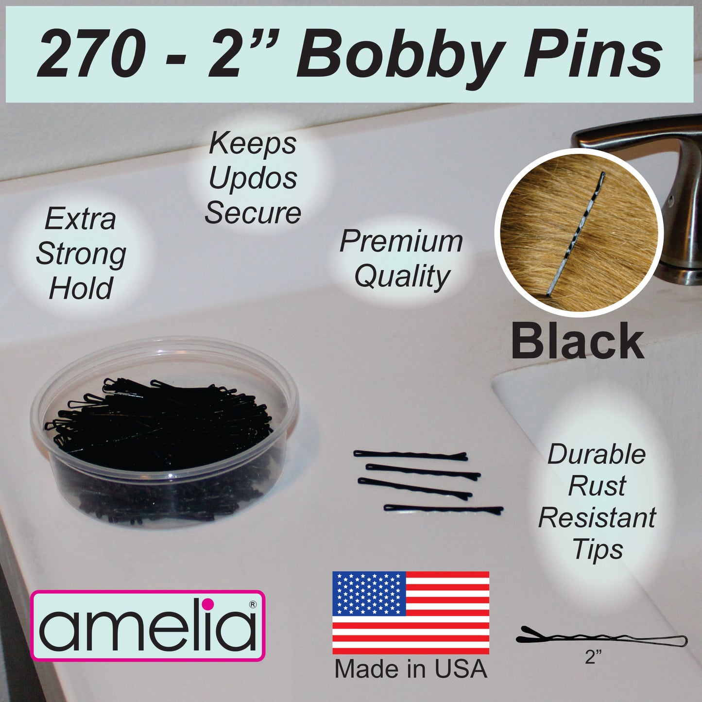 270 Premium Black Bobby Pins,  2 Inch, US-Made Professional Hair Pins with Secure All-Day Hold, Smooth Tips for Styling, Buns & Updos