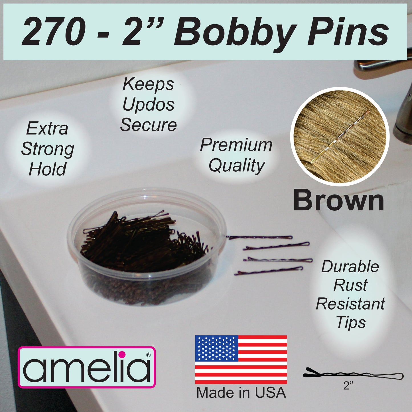 270 Premium Brown Bobby Pins,  2 Inch, US-Made Professional Hair Pins with Secure All-Day Hold, Smooth Tips for Styling, Buns & Updos