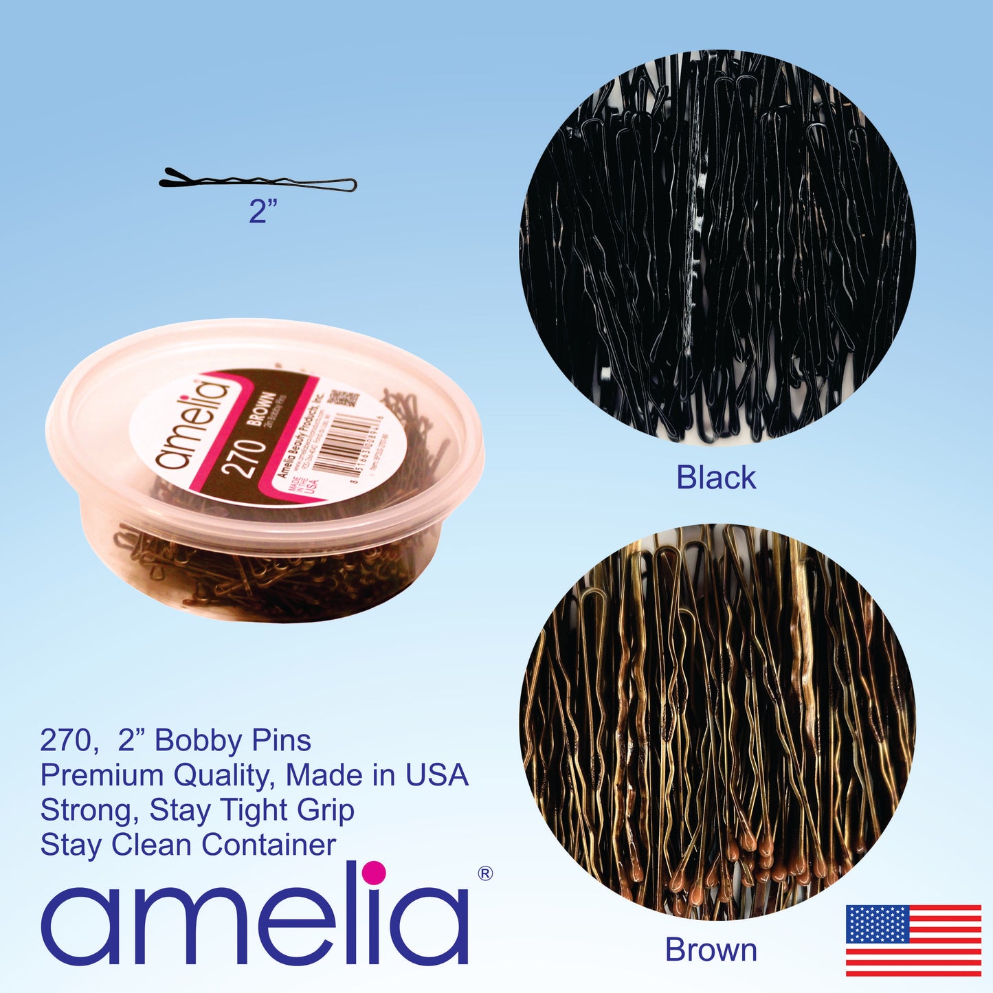 270 Premium Black Bobby Pins,  2 Inch, US-Made Professional Hair Pins with Secure All-Day Hold, Smooth Tips for Styling, Buns & Updos