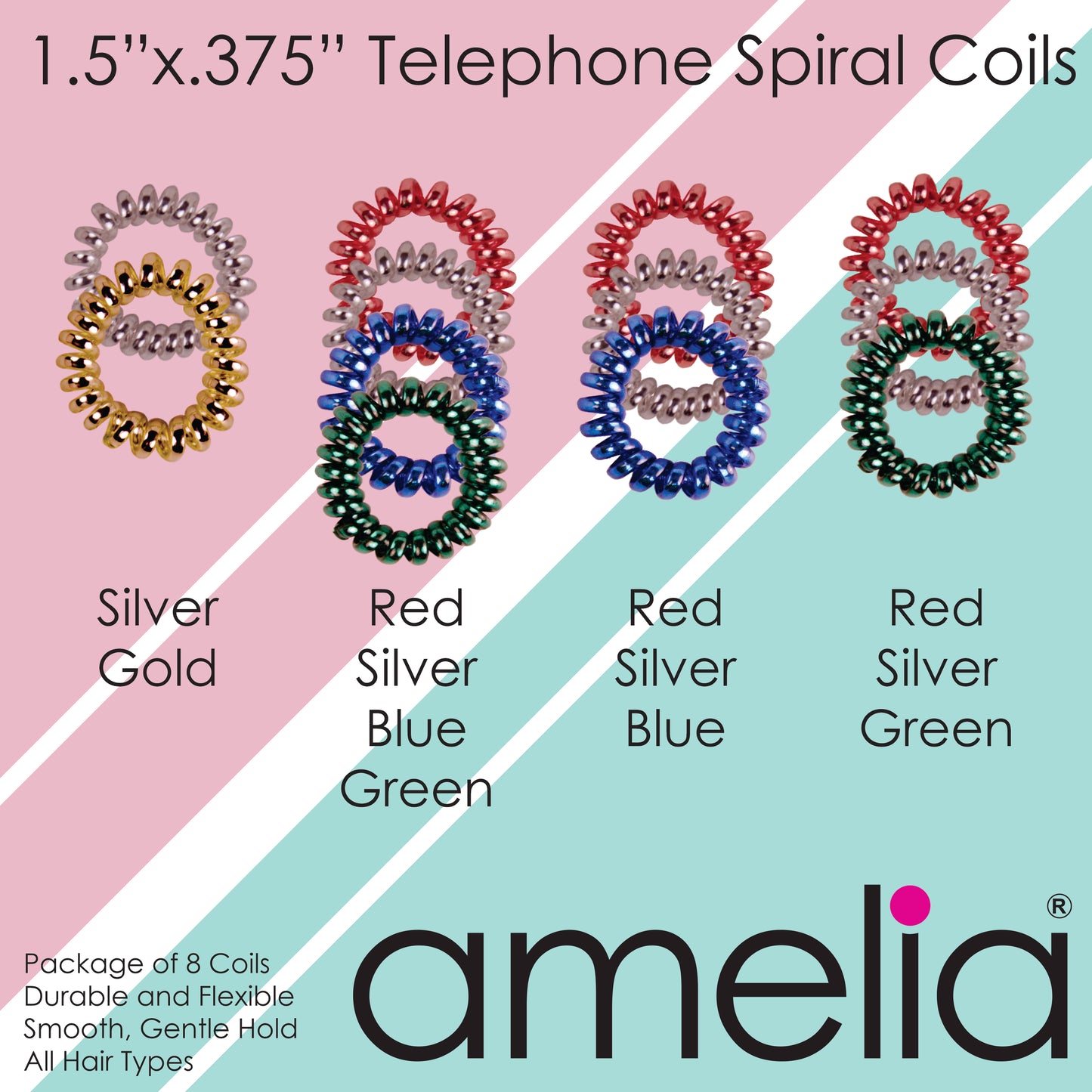 Amelia Beauty, 8 Small Shinny Elastic Hair Telephone Cord Coils, 1.5in Diameter Spiral Hair Ties, Strong Hold, Gentle on Hair, Red