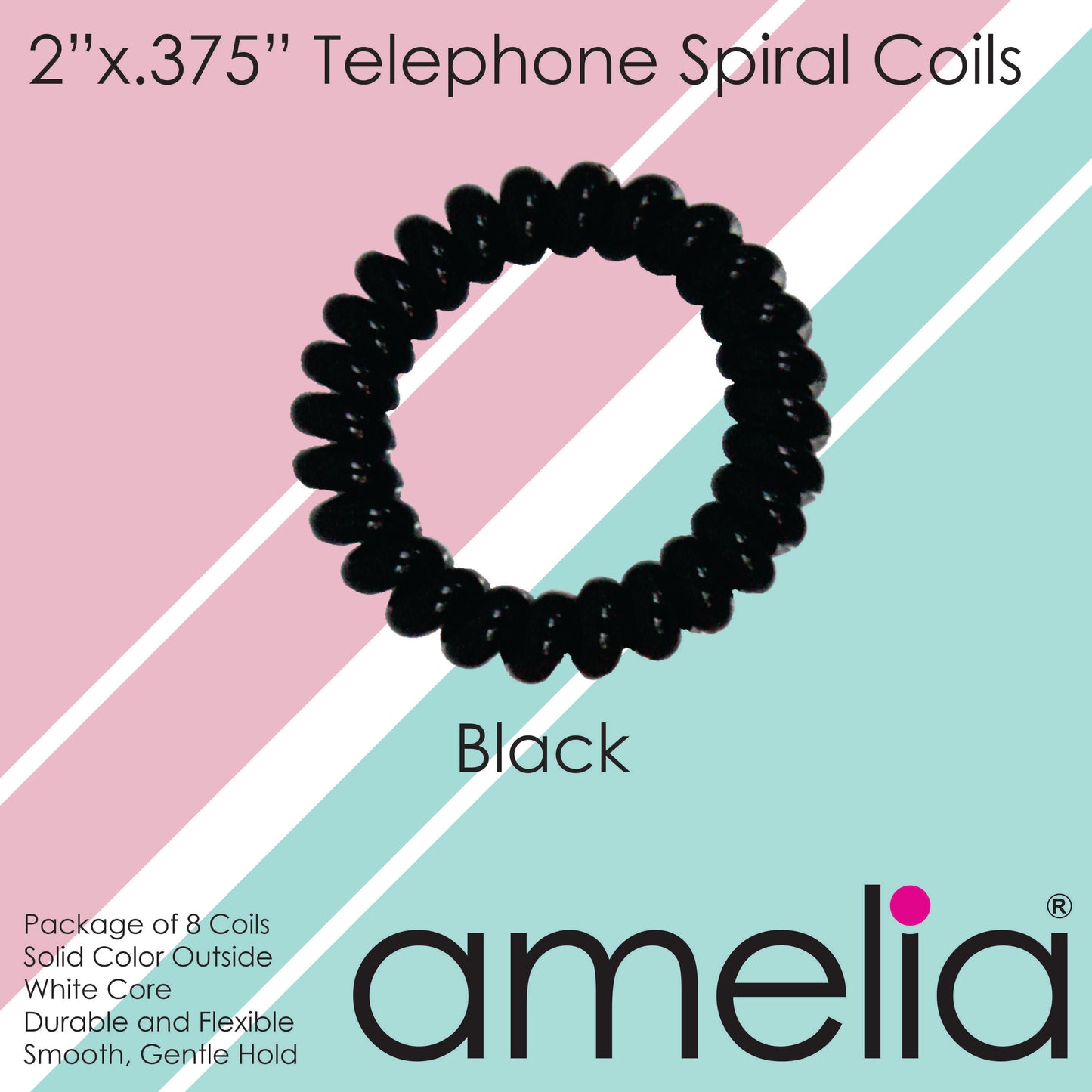 Amelia Beauty Products 8 Medium Elastic Hair Coils, 2.0in Diameter Thick Spiral Hair Ties, Gentle on Hair, Strong Hold and Minimizes Dents and Creases, Black