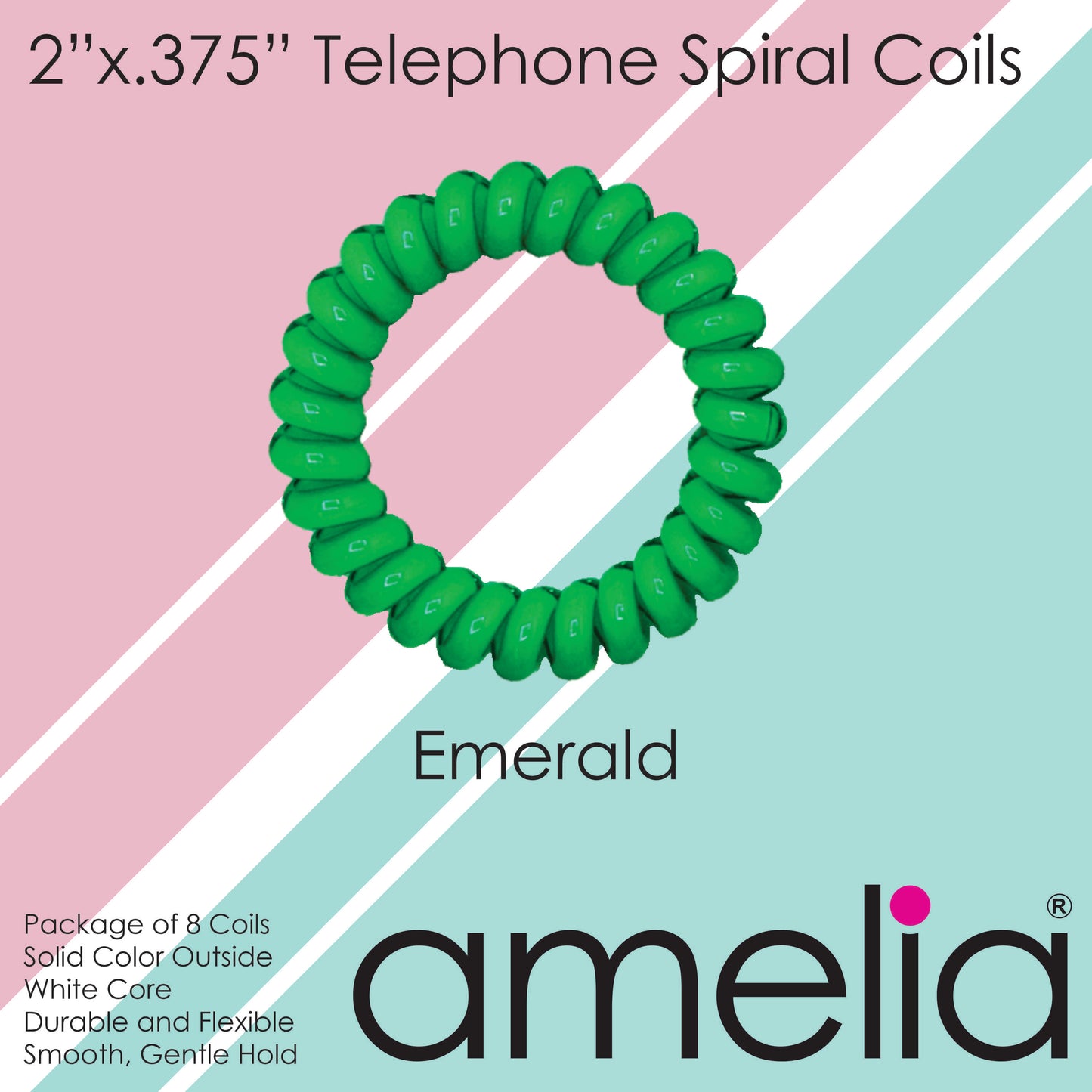 Amelia Beauty Products 8 Medium Elastic Hair Coils, 2.0in Diameter Thick Spiral Hair Ties, Gentle on Hair, Strong Hold and Minimizes Dents and Creases, Emerald