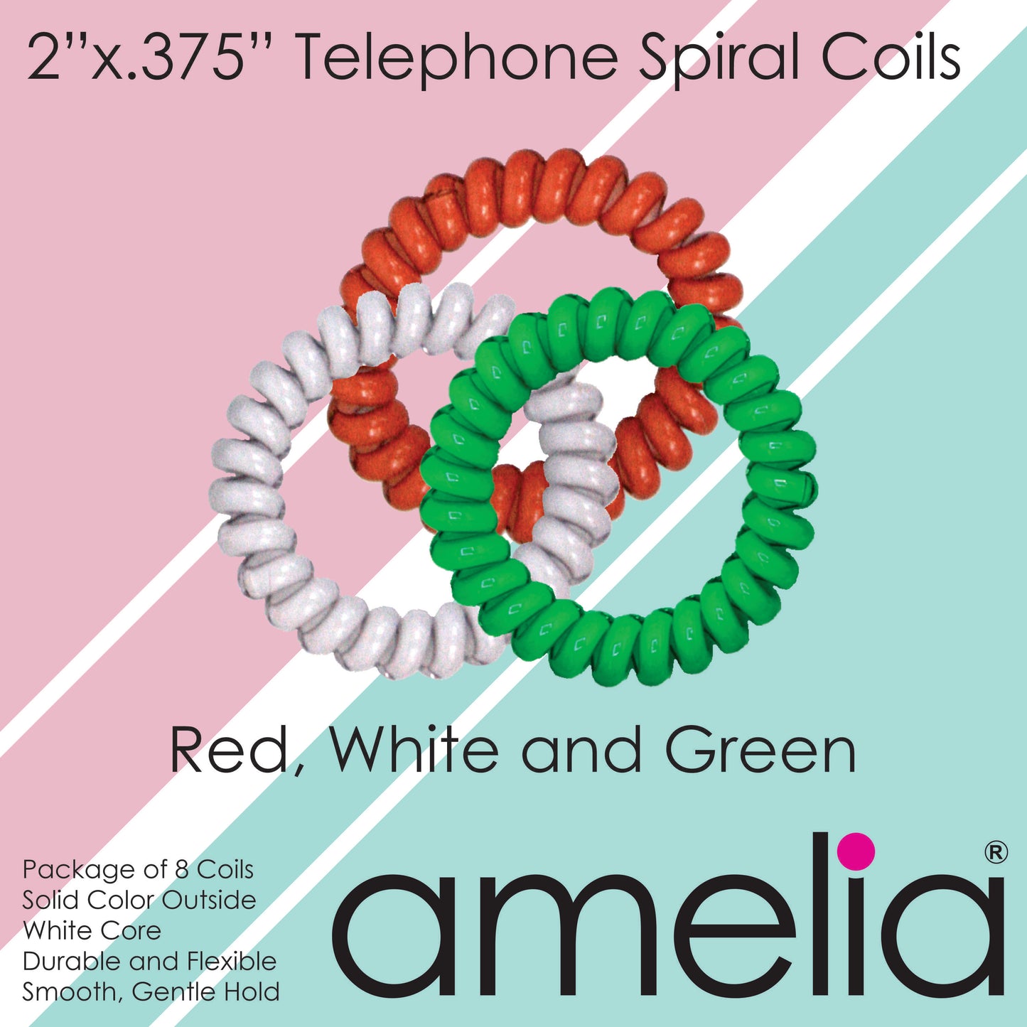 Amelia Beauty Products 8 Medium Elastic Hair Coils, 2.0in Diameter Thick Spiral Hair Ties, Gentle on Hair, Strong Hold and Minimizes Dents and Creases, Red, White and Green Mix