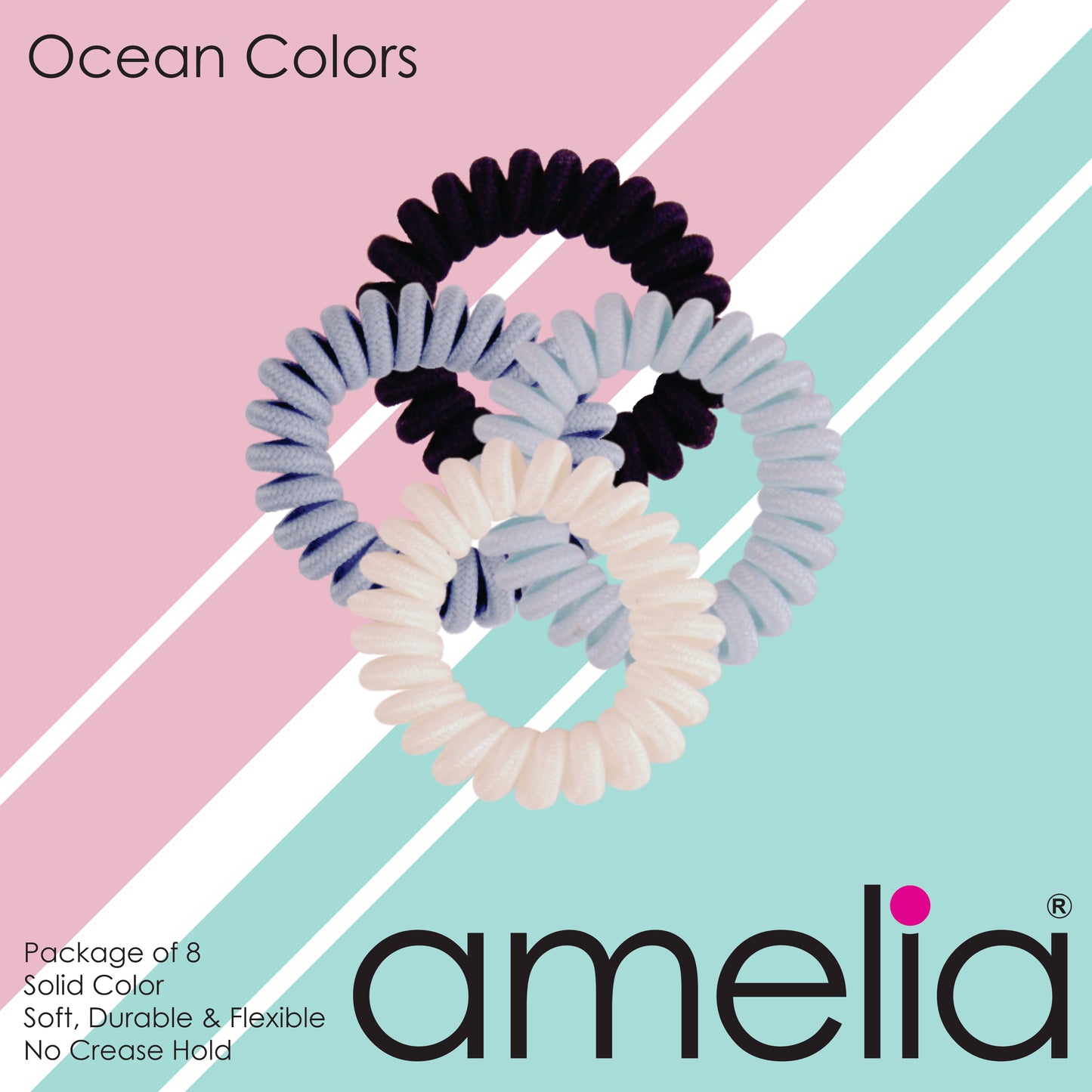 Amelia Beauty, 8 Small Fabric Wrapped Elastic Hair Coils, 1.75in Diameter Spiral Hair Ties, Gentle on Hair, Strong Hold and Minimizes Dents and Creases, Ocean Colors