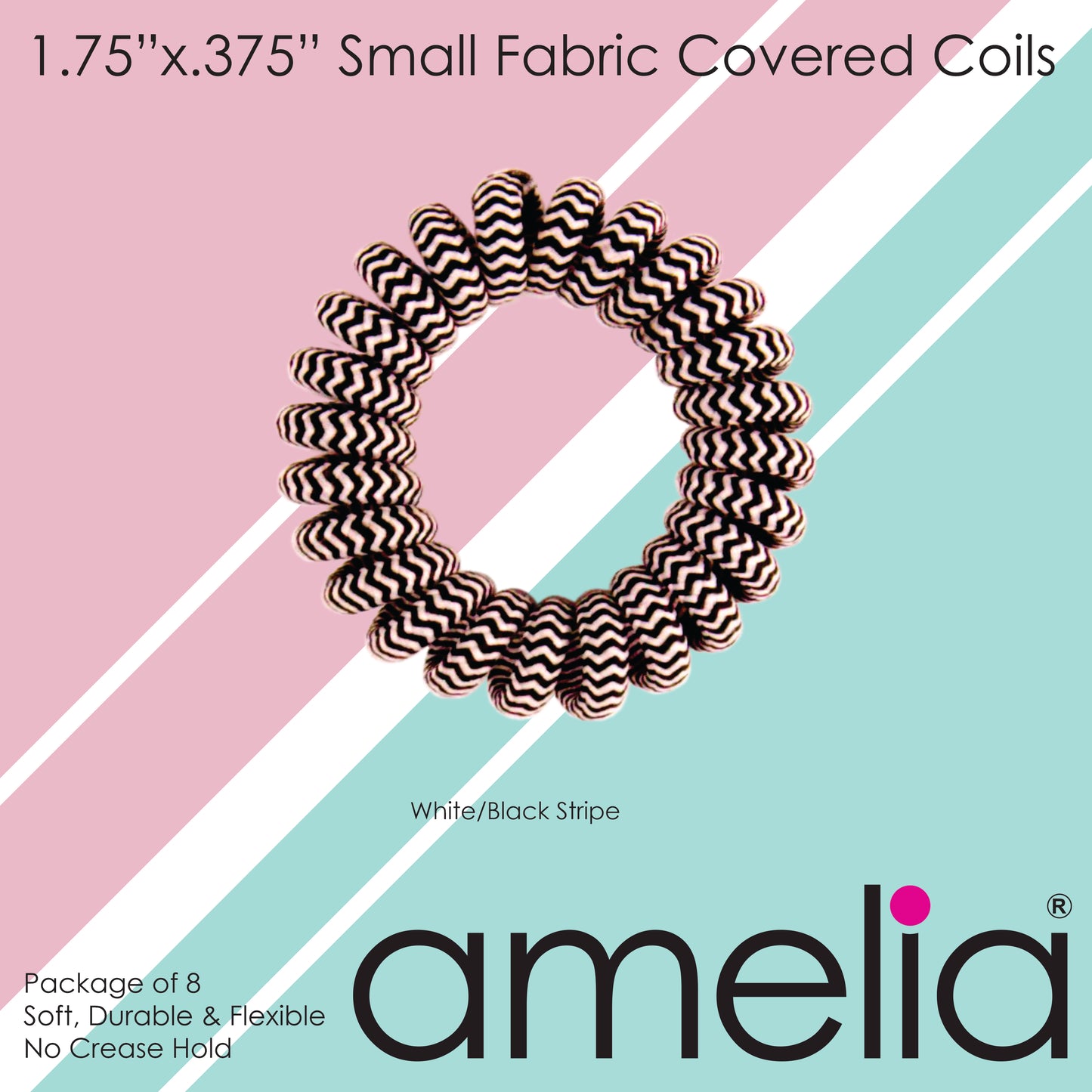 Amelia Beauty, 8 Small Fabric Wrapped Elastic Hair Coils, 1.75in Diameter Spiral Hair Ties, Gentle on Hair, Strong Hold and Minimizes Dents and Creases, White with Black Stripe