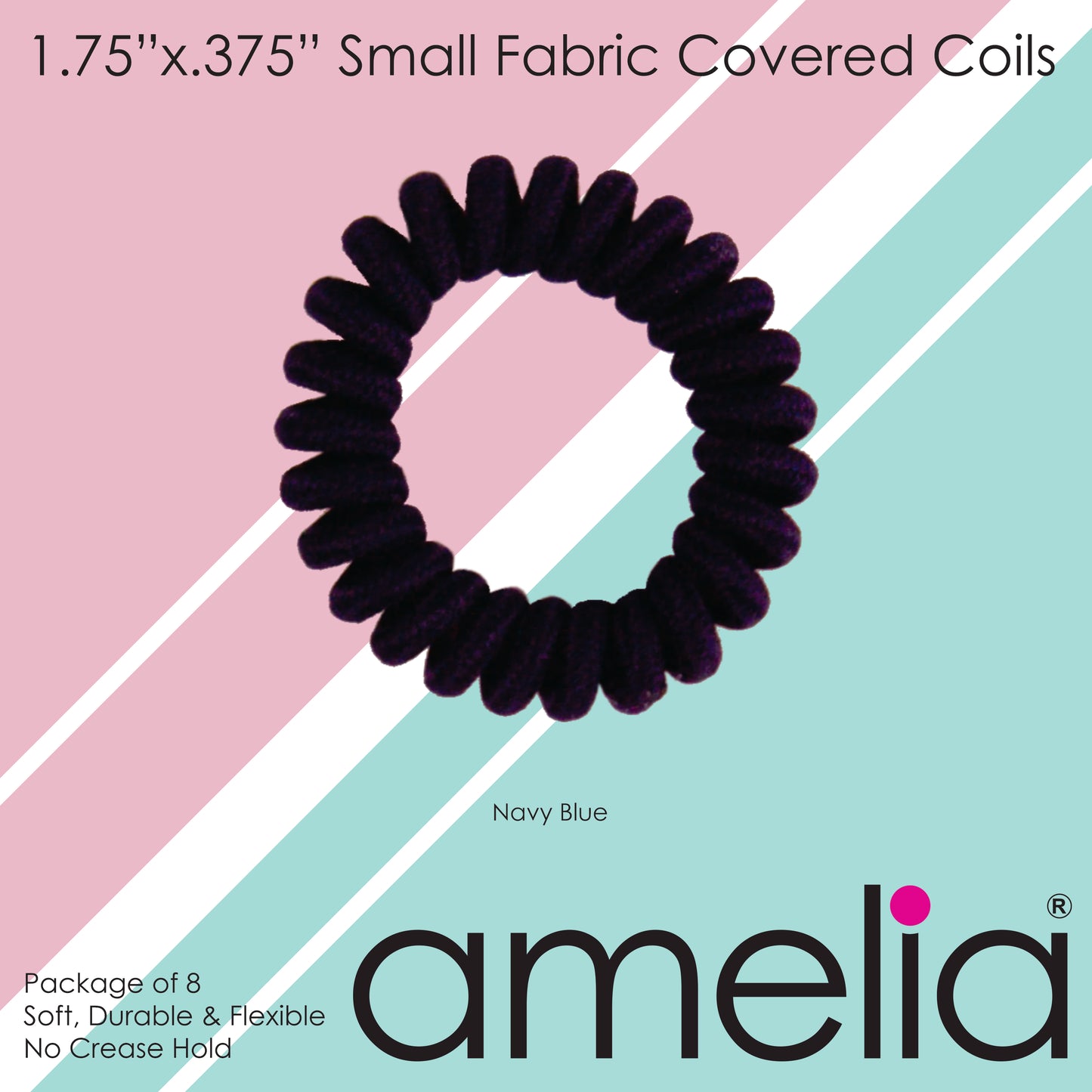 Amelia Beauty, 8 Small Fabric Wrapped Elastic Hair Coils, 1.75in Diameter Spiral Hair Ties, Gentle on Hair, Strong Hold and Minimizes Dents and Creases, Navy Blue