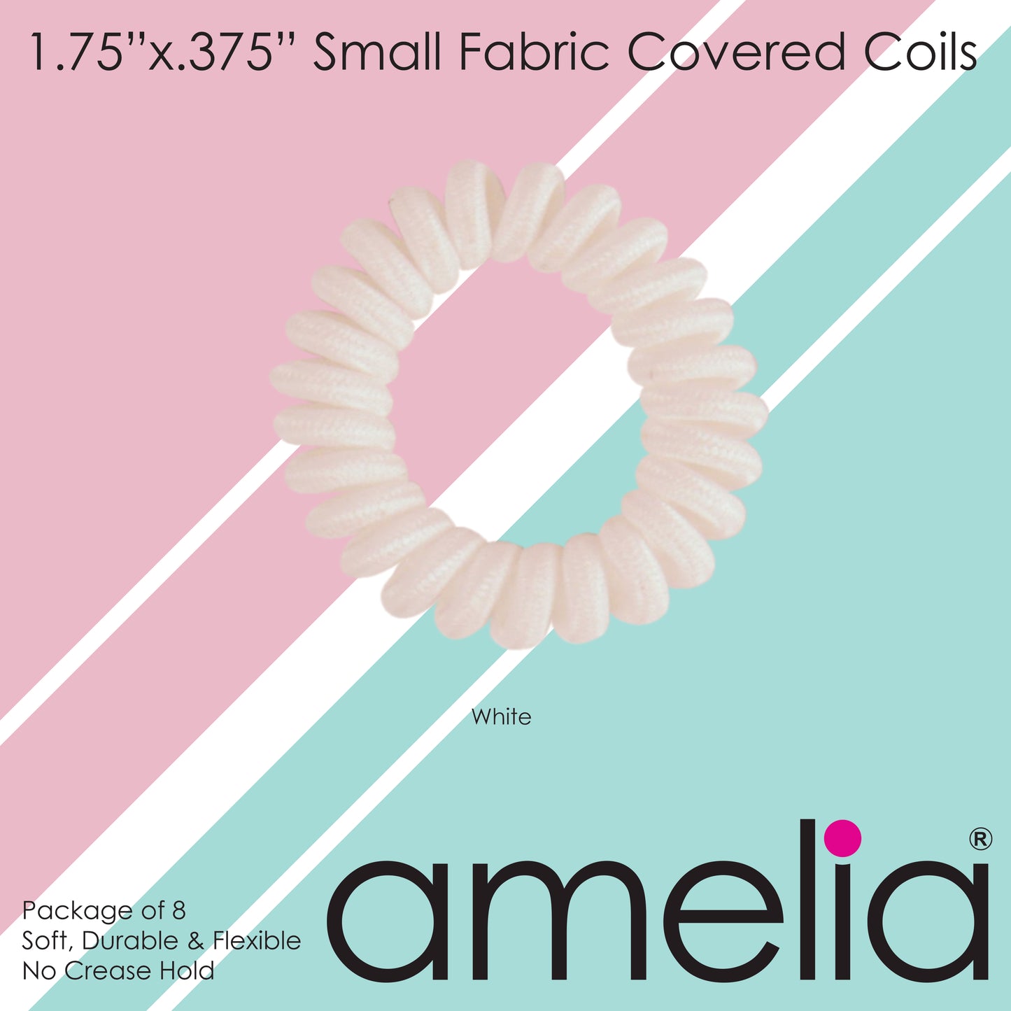 Amelia Beauty, 8 Small Fabric Wrapped Elastic Hair Coils, 1.75in Diameter Spiral Hair Ties, Gentle on Hair, Strong Hold and Minimizes Dents and Creases, White