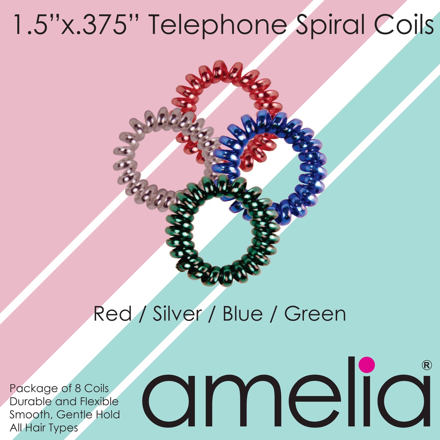 Amelia Beauty, 8 Small Shinny Elastic Hair Telephone Cord Coils, 1.5in Diameter Spiral Hair Ties, Strong Hold, Gentle on Hair, Silver, Red, Blue and Green Mix