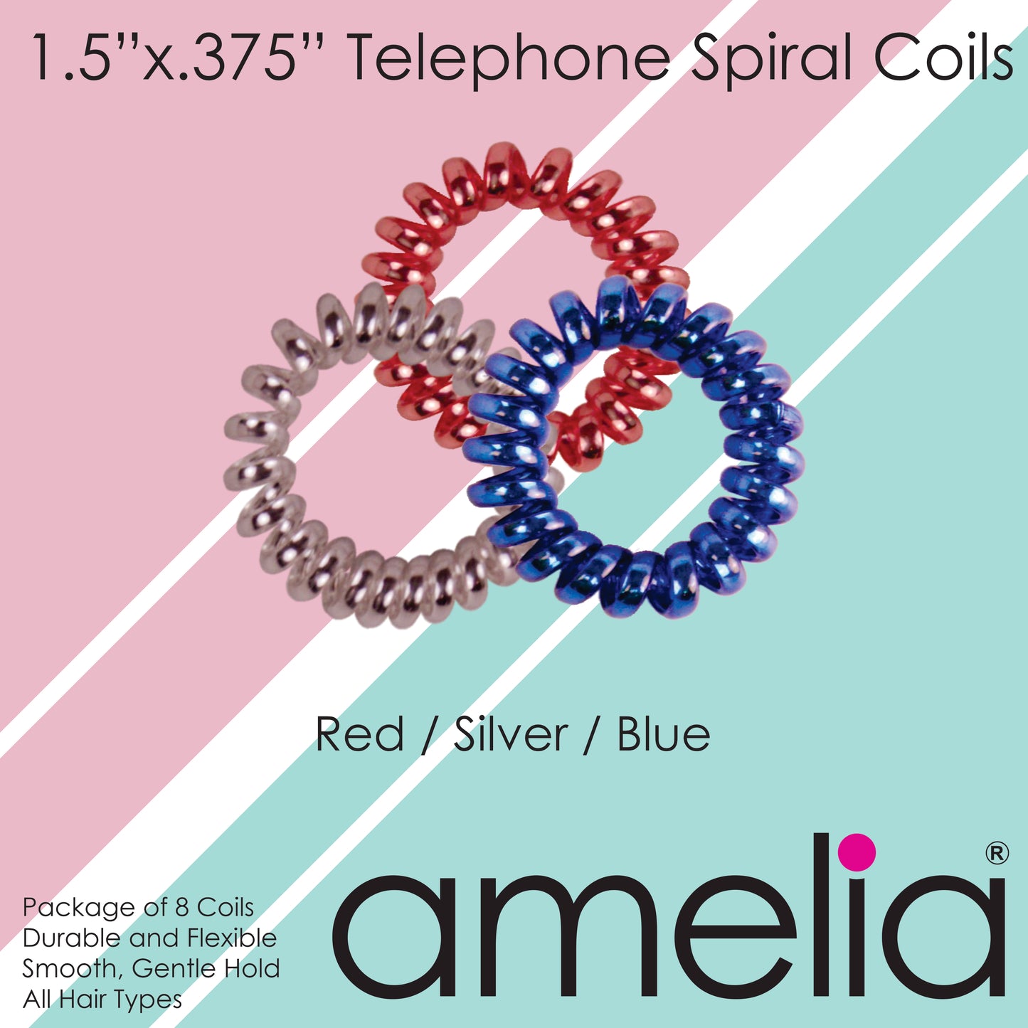 Amelia Beauty, 8 Small Shinny Elastic Hair Telephone Cord Coils, 1.5in Diameter Spiral Hair Ties, Strong Hold, Gentle on Hair, Red, Silver and Blue