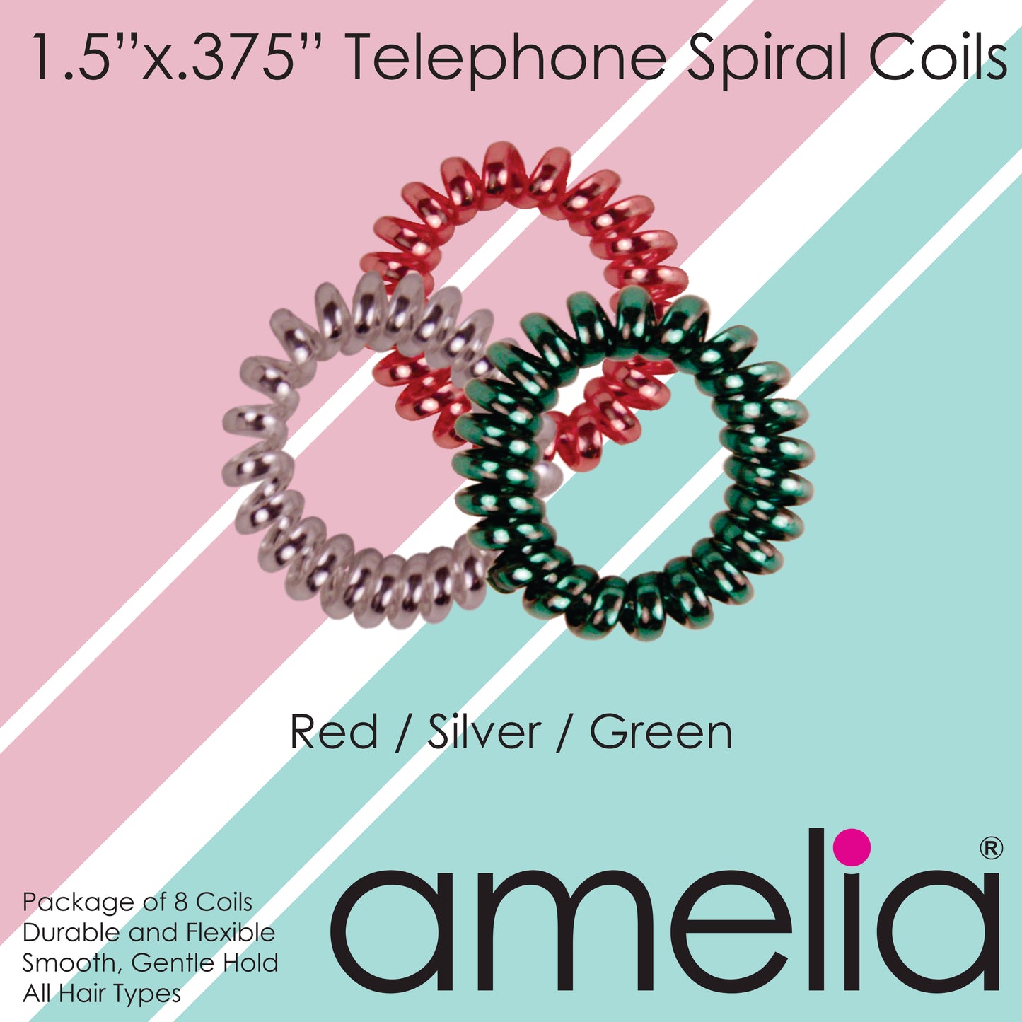 Amelia Beauty, 8 Small Shinny Elastic Hair Telephone Cord Coils, 1.5in Diameter Spiral Hair Ties, Strong Hold, Gentle on Hair, Red, Silver and Green