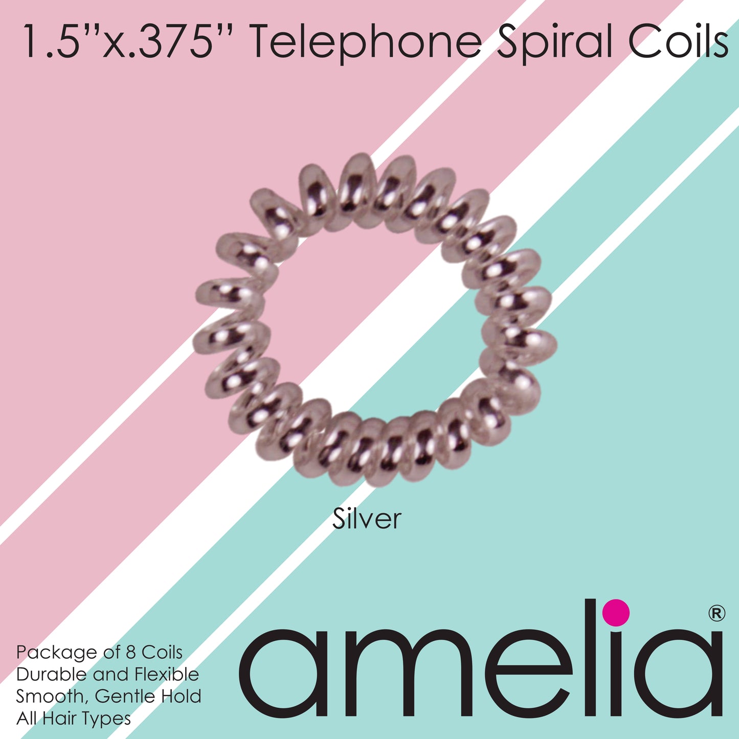 Amelia Beauty, 8 Small Shinny Elastic Hair Telephone Cord Coils, 1.5in Diameter Spiral Hair Ties, Strong Hold, Gentle on Hair, Silver