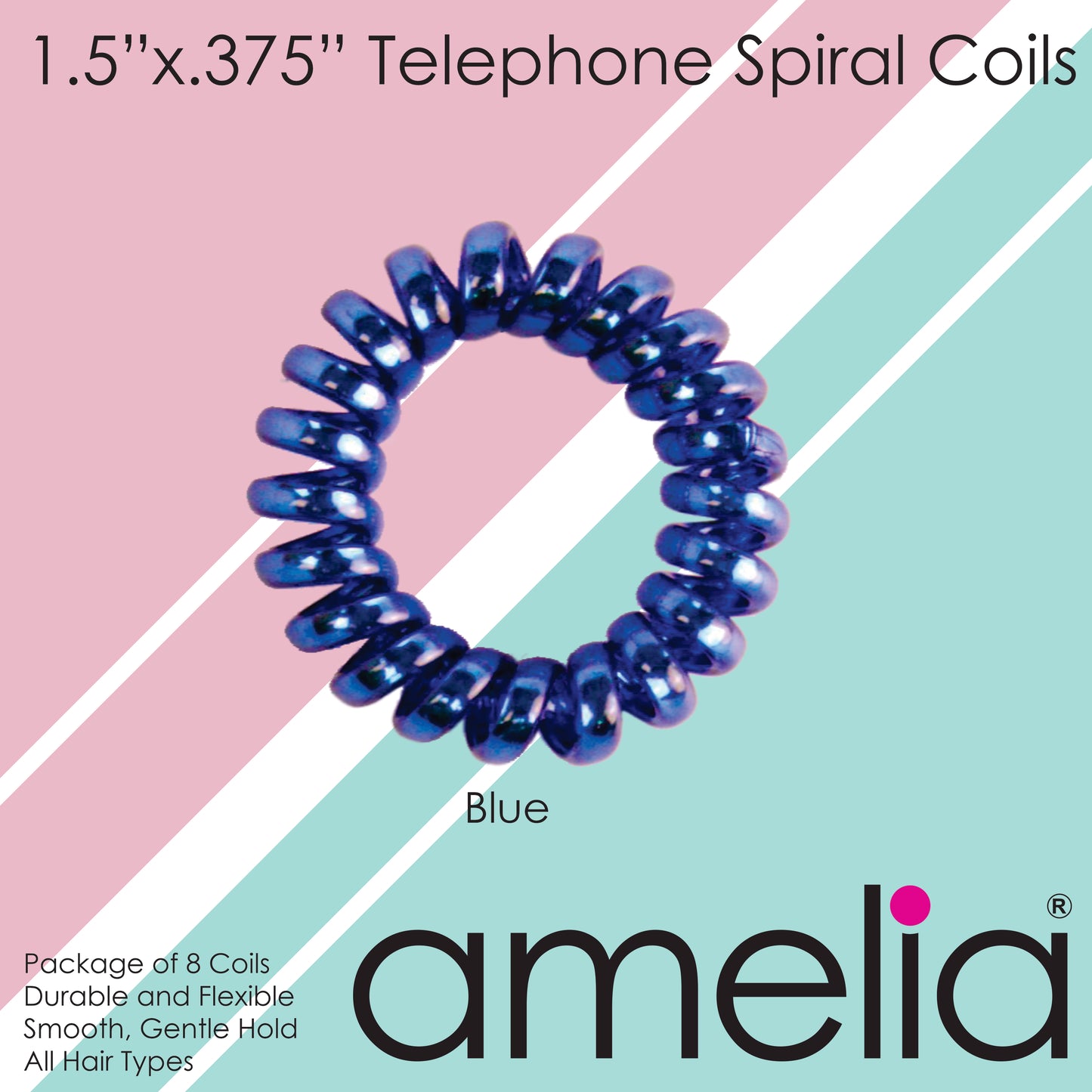 Amelia Beauty, 8 Small Shinny Elastic Hair Telephone Cord Coils, 1.5in Diameter Spiral Hair Ties, Strong Hold, Gentle on Hair, Blue