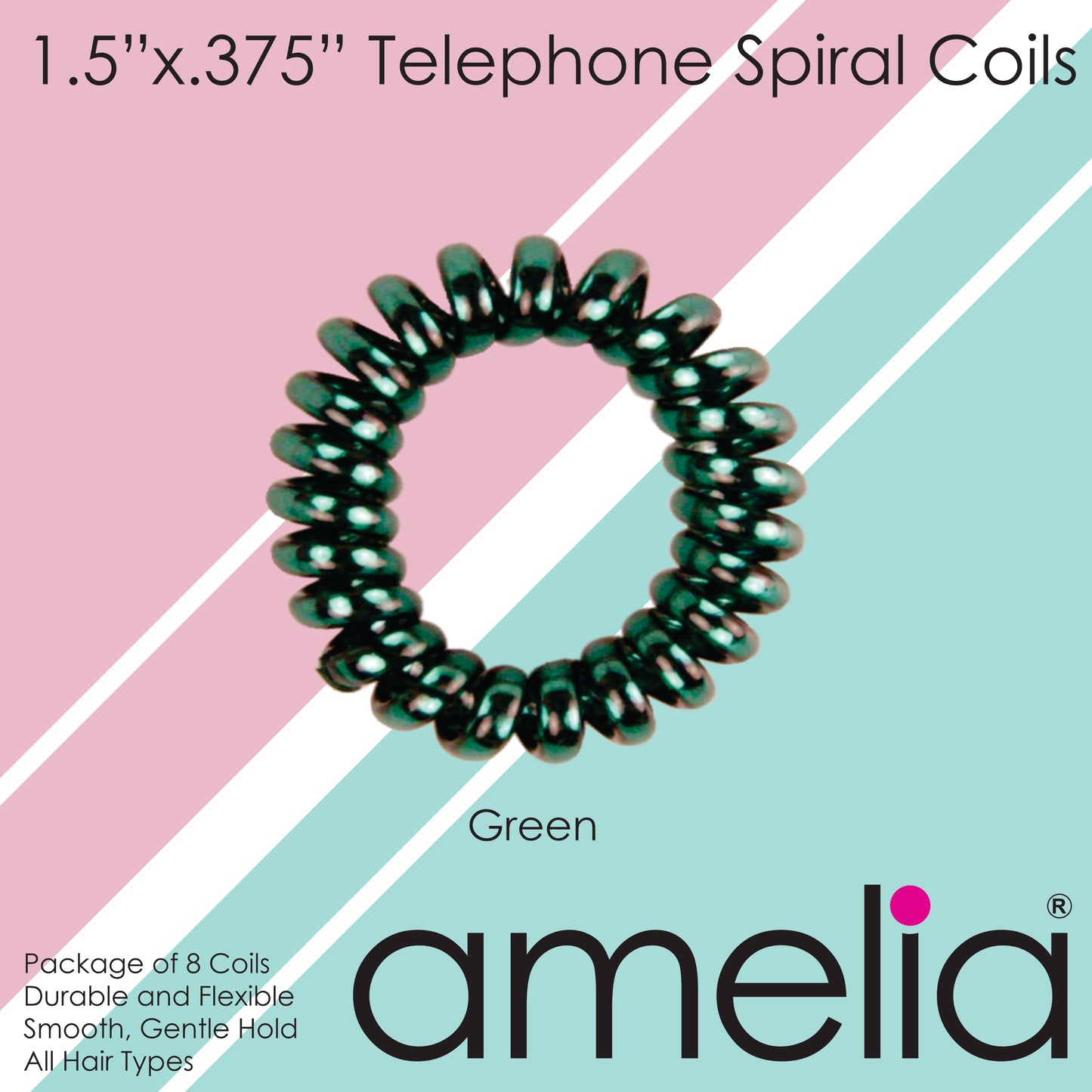 Amelia Beauty, 8 Small Shinny Elastic Hair Telephone Cord Coils, 1.5in Diameter Spiral Hair Ties, Strong Hold, Gentle on Hair, Green