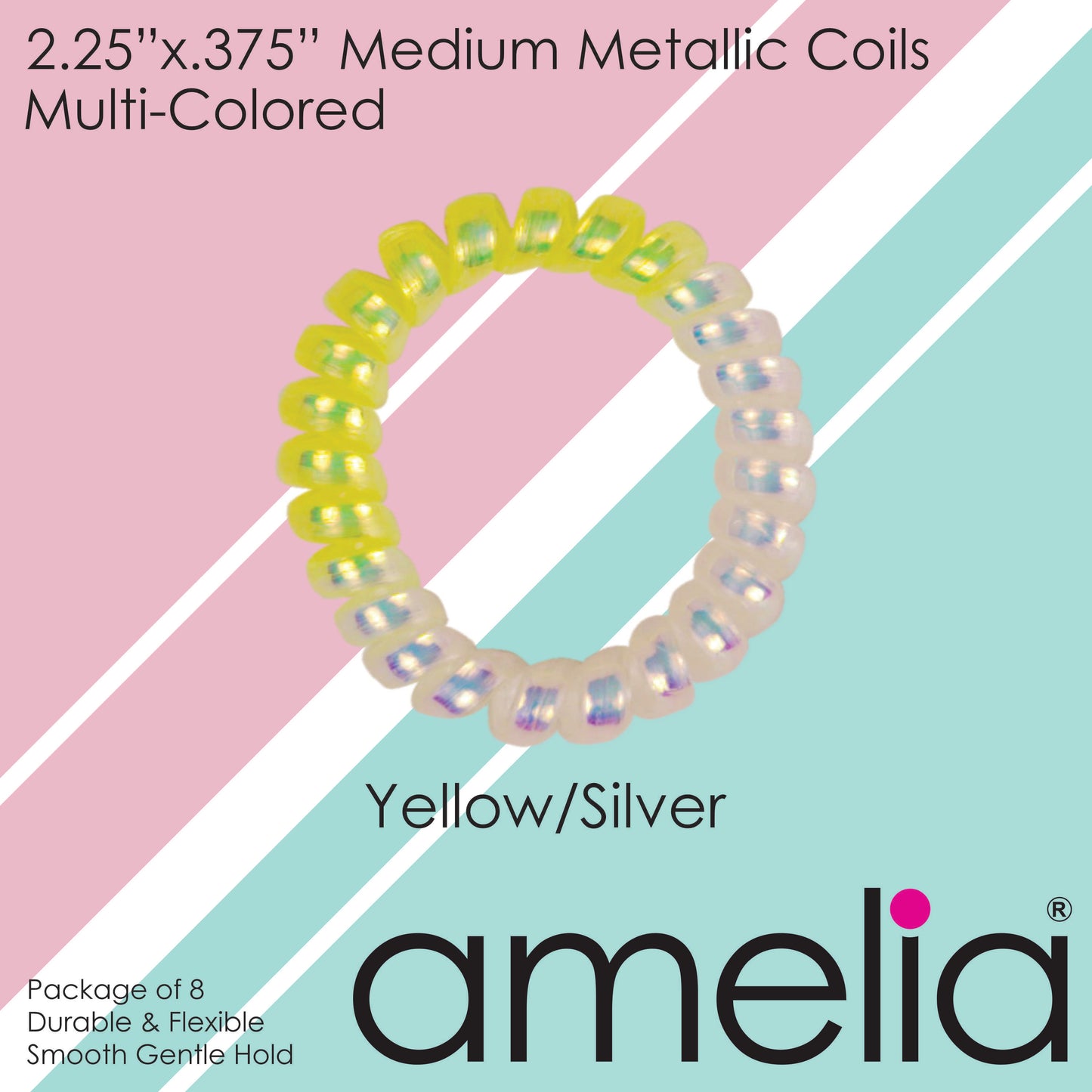 Amelia Beauty Products 8 Medium Smooth Elastic Mutli-Colored Hair Coils, 2.25in Diameter Spiral Hair Ties, Gentle Yet Strong Hold and Minimizes Dents, Yellow/Silver