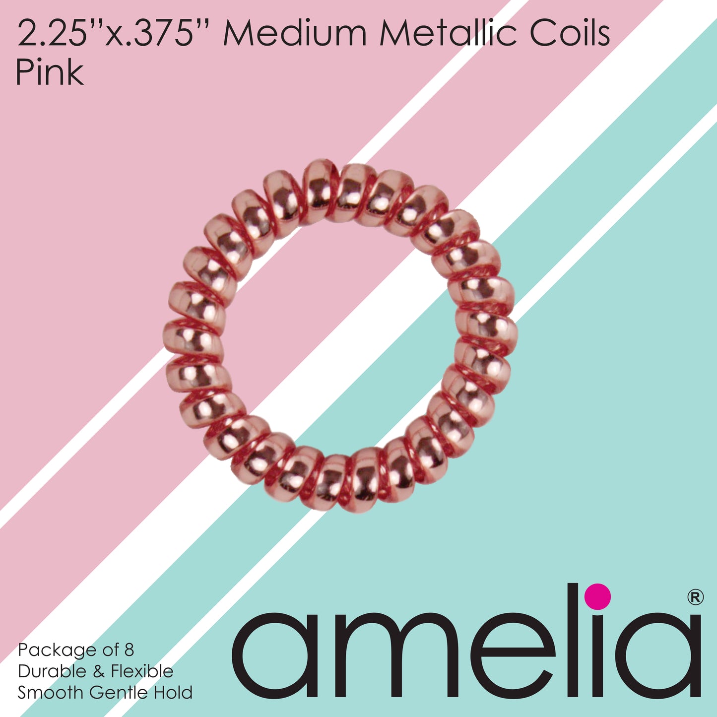 Amelia Beauty Products 8 Medium Smooth Elastic Hair Coils, 2.25in Diameter Spiral Hair Ties, Gentle on Hair, Strong Hold and Minimizes Dents and Creases, Pink