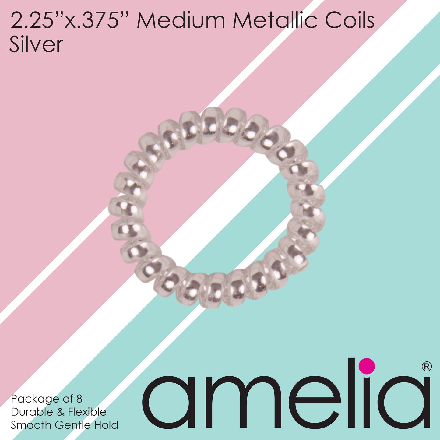 Amelia Beauty Products 8 Medium Smooth Elastic Hair Coils, 2.25in Diameter Spiral Hair Ties, Gentle on Hair, Strong Hold and Minimizes Dents and Creases, Silver
