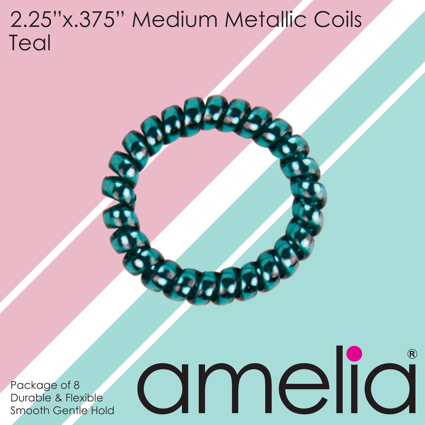 Amelia Beauty Products 8 Medium Smooth Elastic Hair Coils, 2.25in Diameter Spiral Hair Ties, Gentle on Hair, Strong Hold and Minimizes Dents and Creases, Teal