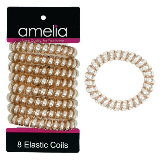 Amelia Beauty Products 8 Large Smooth Shiny Center Elastic Hair Coils, 2. 5in Diameter Thick Spiral Hair Ties, Gentle on Hair, Strong Hold and Minimizes Dents and Creases, Gold