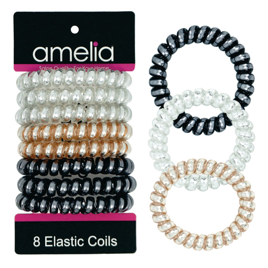 Amelia Beauty Products 8 Large Smooth Shiny Center Elastic Hair Coils, 2. 5in Diameter Thick Spiral Hair Ties, Gentle on Hair, Strong Hold and Minimizes Dents and Creases, Black, Gold and Silver Mix