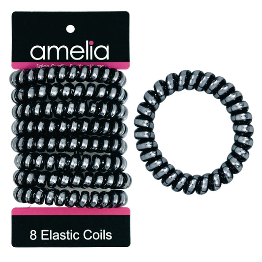 Amelia Beauty Products 8 Large Smooth Shiny Center Elastic Hair Coils, 2. 5in Diameter Thick Spiral Hair Ties, Gentle on Hair, Strong Hold and Minimizes Dents and Creases, Black