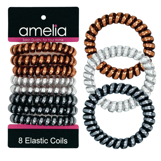 Amelia Beauty Products 8 Large Smooth Shiny Center Elastic Hair Coils, 2. 5in Diameter Thick Spiral Hair Ties, Gentle on Hair, Strong Hold and Minimizes Dents and Creases, Brown, Gray and Black Mix