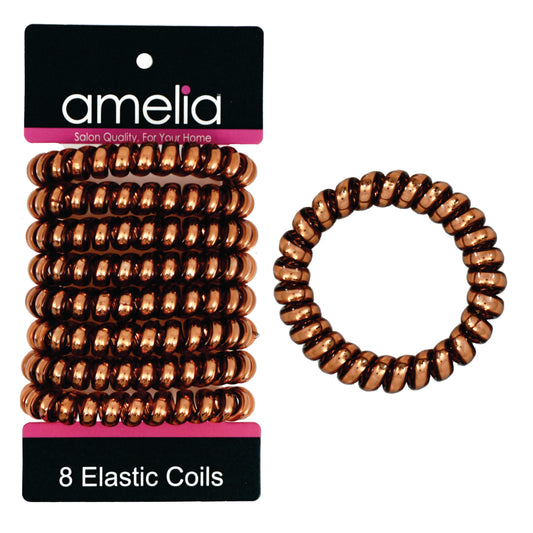 Amelia Beauty Products 8 Large Smooth Shiny Center Elastic Hair Coils, 2. 5in Diameter Thick Spiral Hair Ties, Gentle on Hair, Strong Hold and Minimizes Dents and Creases, Brown
