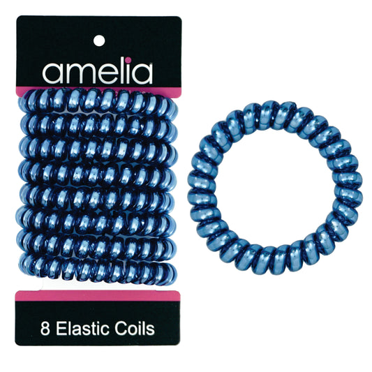 Amelia Beauty Products 8 Large Smooth Shiny Center Elastic Hair Coils, 2. 5in Diameter Thick Spiral Hair Ties, Gentle on Hair, Strong Hold and Minimizes Dents and Creases, Blue