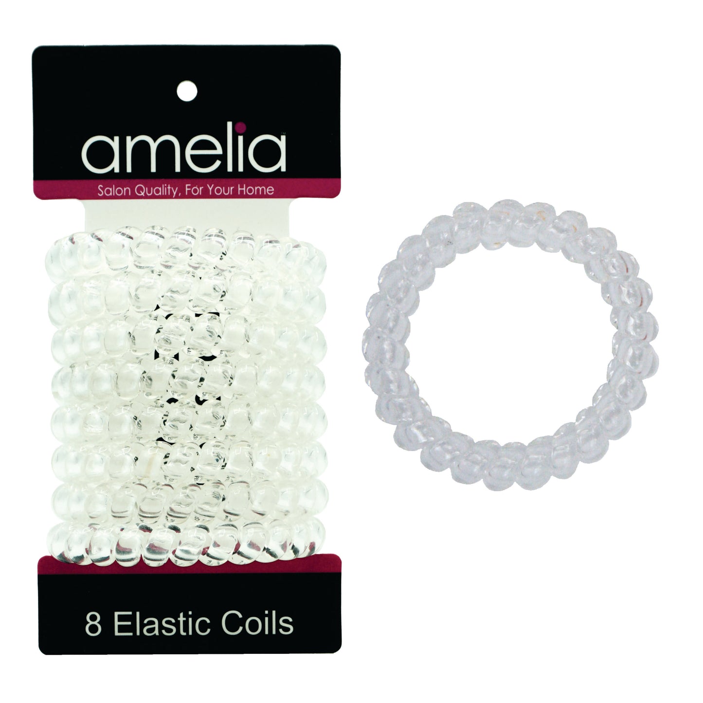 Amelia Beauty Products 8 Large Smooth Elastic Hair Coils, 2. 5in Diameter Thick Spiral Hair Ties, Gentle on Hair, Strong Hold and Minimizes Dents and Creases, Clear