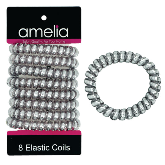 Amelia Beauty Products 8 Large Smooth Shiny Center Elastic Hair Coils, 2. 5in Diameter Thick Spiral Hair Ties, Gentle on Hair, Strong Hold and Minimizes Dents and Creases, Gray