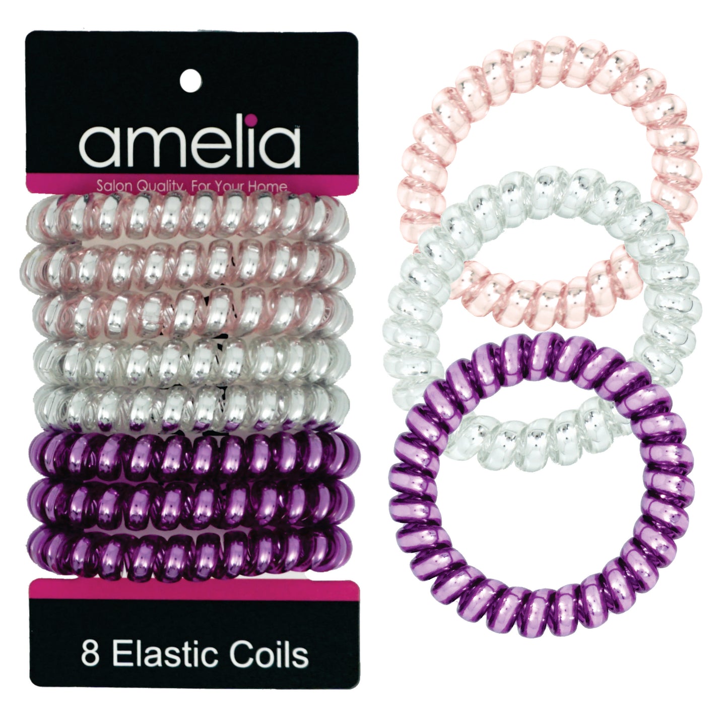 Amelia Beauty Products 8 Large Smooth Shiny Center Elastic Hair Coils, 2. 5in Diameter Thick Spiral Hair Ties, Gentle on Hair, Strong Hold and Minimizes Dents and Creases, Pink, Silver and Purple Mix