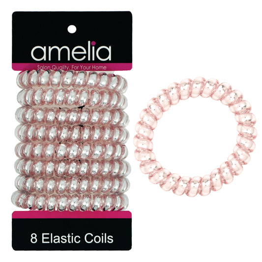 Amelia Beauty Products 8 Large Smooth Shiny Center Elastic Hair Coils, 2. 5in Diameter Thick Spiral Hair Ties, Gentle on Hair, Strong Hold and Minimizes Dents and Creases, Pink