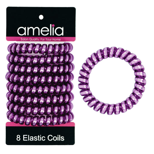 Amelia Beauty Products 8 Large Smooth Shiny Center Elastic Hair Coils, 2. 5in Diameter Thick Spiral Hair Ties, Gentle on Hair, Strong Hold and Minimizes Dents and Creases, Purple