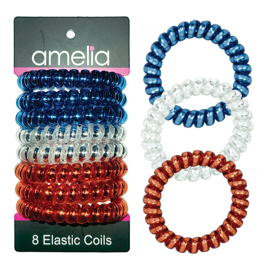 Amelia Beauty Products 8 Large Smooth Shiny Center Elastic Hair Coils, 2. 5in Diameter Thick Spiral Hair Ties, Gentle on Hair, Strong Hold and Minimizes Dents and Creases, Blue, Silver and Red Mix