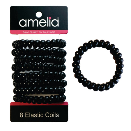 Amelia Beauty Products 8 Large Smooth Elastic Hair Coils, 2. 5in Diameter Thick Spiral Hair Ties, Gentle on Hair, Strong Hold and Minimizes Dents and Creases, Black