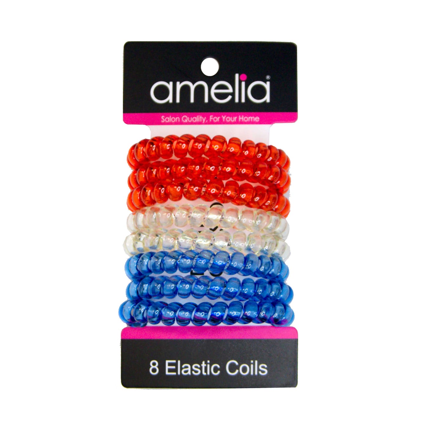 Amelia Beauty Products 8 Large Smooth Elastic Hair Coils, 2. 5in Diameter Thick Spiral Hair Ties, Gentle on Hair, Strong Hold and Minimizes Dents and Creases, Red, Gold and Blue