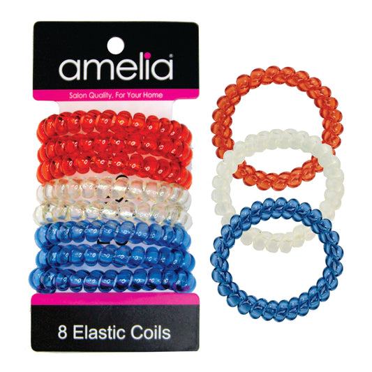 Amelia Beauty Products 8 Large Smooth Elastic Hair Coils, 2. 5in Diameter Thick Spiral Hair Ties, Gentle on Hair, Strong Hold and Minimizes Dents and Creases, Red, Gold and Blue