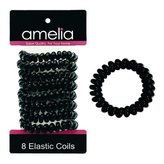 Amelia Beauty Products 8 Medium Elastic Hair Coils, 2.0in Diameter Thick Spiral Hair Ties, Gentle on Hair, Strong Hold and Minimizes Dents and Creases, Black