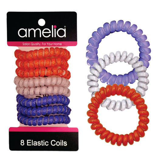Amelia Beauty Products 8 Medium Elastic Hair Coils, 2.0in Diameter Thick Spiral Hair Ties, Gentle on Hair, Strong Hold and Minimizes Dents and Creases, Red, White and Blue Mix