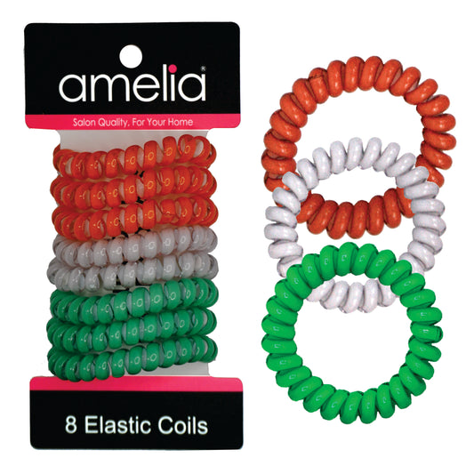 Amelia Beauty Products 8 Medium Elastic Hair Coils, 2.0in Diameter Thick Spiral Hair Ties, Gentle on Hair, Strong Hold and Minimizes Dents and Creases, Red, White and Green Mix